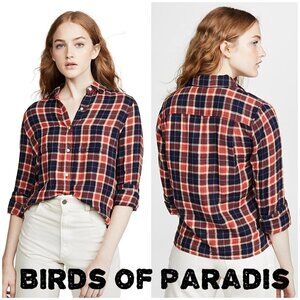 Birds of Paradis Beth Safari Shirt Plaid Button Down Red Navy Cotton– Size L NWT